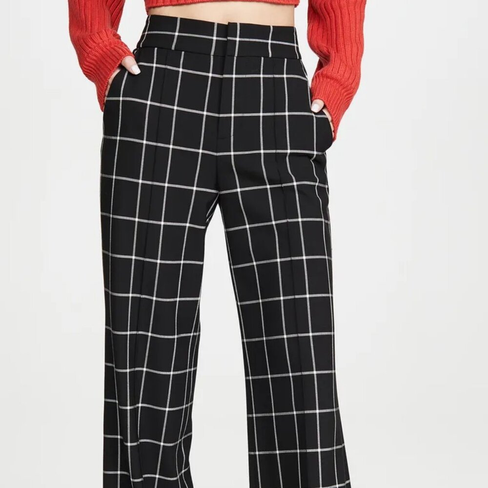 Alice + Olivia Dylan Windowpane High-Waist Wide-Leg Pintucked Pants Size 6